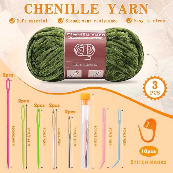 LUNARM Chenille Yarn for Crocheting Knitting, 3 Skein 263 Yard Thick Soft Chunky Fluffy Weaving Plush Yarn for Blankets Clothes Pattern Creations with Big Eye Needles (Olive-Green)