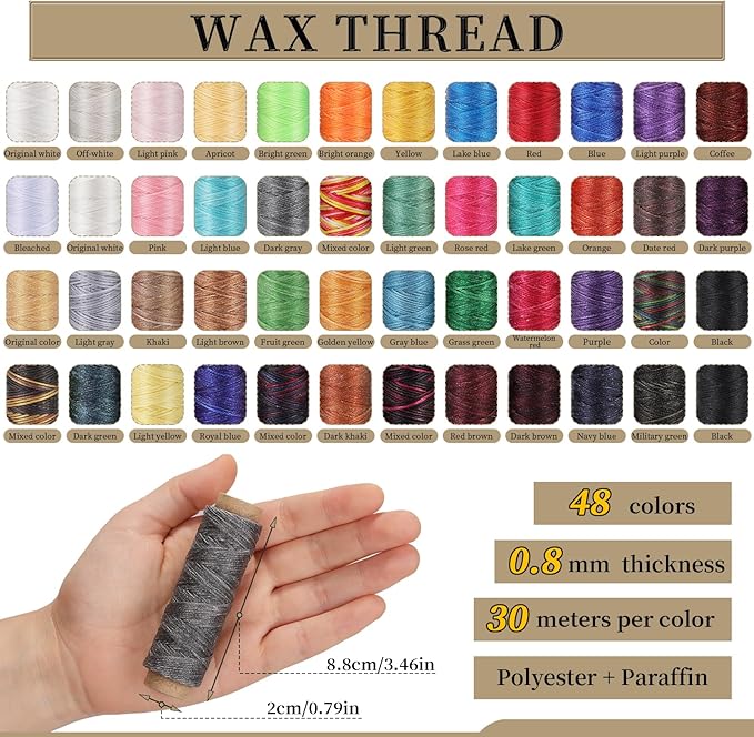 Jupean 48 Colors Waxed Thread, Leather Thread for Hand Sewing, Book Binding Threads, Leather Stitching Thread for Hand Sewing Craft DIY Bookbinding