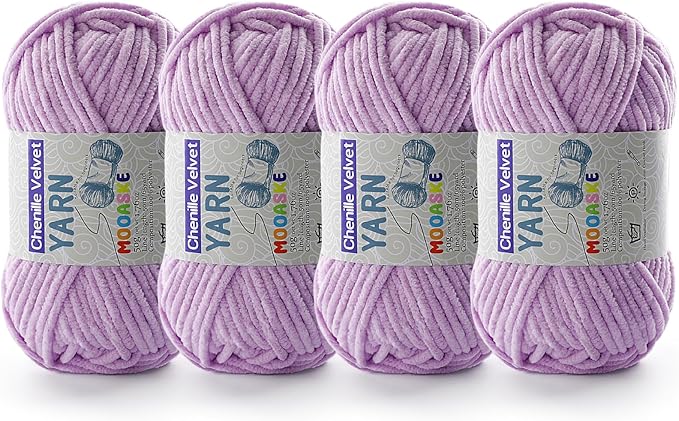 4 Pac Chenille Yarn for Crocheting - Blanket Yarn for Crocheting - Fluffy Yarn for Crochet, Baby Yarn for Crocheting Soft Blankets Weight Per Roll 50g/1.76oz, Length 60m/65yard (Light Purple)