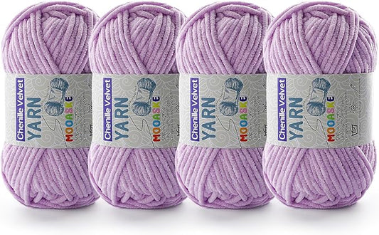 4 Pac Chenille Yarn for Crocheting - Blanket Yarn for Crocheting - Fluffy Yarn for Crochet, Baby Yarn for Crocheting Soft Blankets Weight Per Roll 50g/1.76oz, Length 60m/65yard (Light Purple)