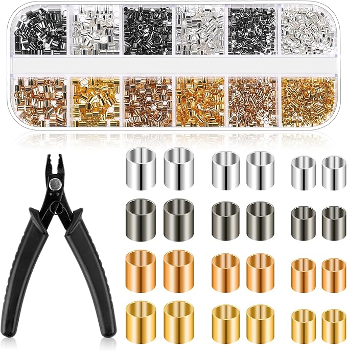 2200 Pieces Crimp Beads for Jewelry Making, Crimp Tubes with Crimping Pliers, 3 Sizes 4 Colors Crimping Beads for Bracelet Necklace Earring DIY