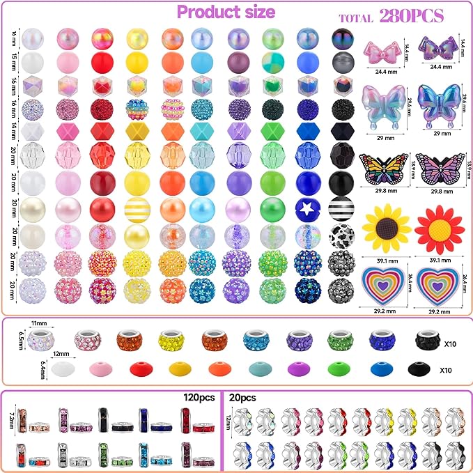 280 Pcs Beads for Pens, Bubblegum Beads Mixed Crystal Resin, Bead for Beadable Pen, Perfect for Pen Decorations, Keychains, Bracelets, and Jewelry Making