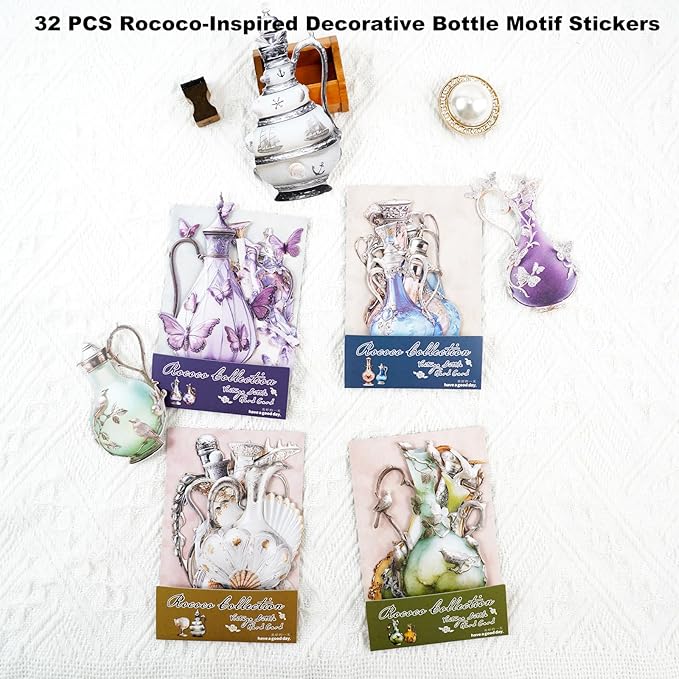 Rococo Vintage Bottle Sticker Pack, Thick Cardstock Laser Die-Cut No White Border – 32pcs Self-Adhesive European Glassware Decor for Scrapbook Journal Planner Collage