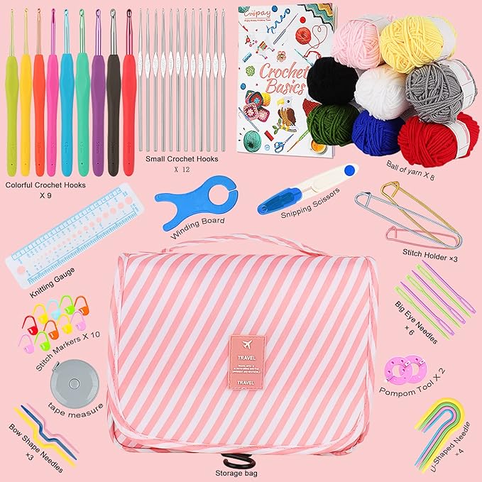 coopay 63 pcs crochet kit for beginners, upgraded crochet set with hanging case & yarn for crocheting, premium crocheting hook set with book, crochet hooks, yarn, knitting & crocheting supplies
