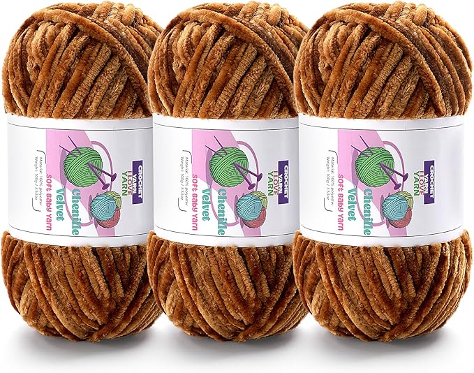 3 Skeins Velvet Chunky Yarn, Chenille Yarn for Crocheting and Hand Knitting, Blanket Yarns for Making Scarves and Knitting Projects - Amigurumi Crochet Yarn (3×3.5oz, 3×87.5yds)