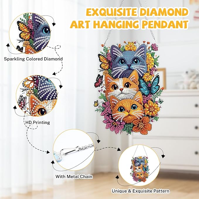Bowetile Cats Diamond Art Hanging Kits for Adults, 5D Special Shape Diamond Painting Flowers Pendant Kits, Animal Gem Art Suncatchers Painting Window Ornament for Home Garden Wall Decor