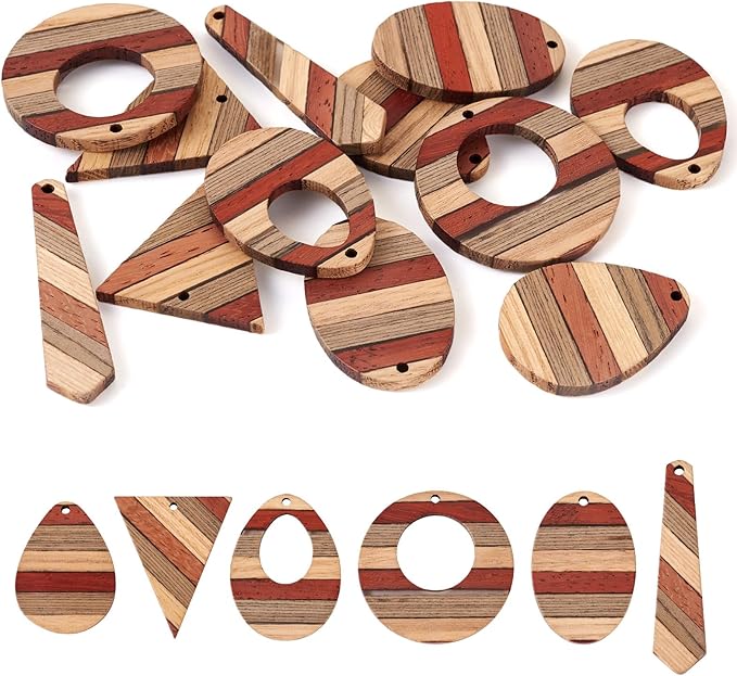 Beadthoven 12pcs/6 Pairs Natural Wood Charms DIY Earrings Pendants Colorful Striped Dark Red Rustic Wooden Pendants Mix Wood Pieces for DIY Jewelry Making Bohemian Earrings Necklace Accessories
