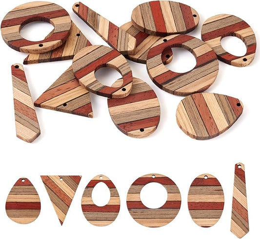 Beadthoven 12pcs/6 Pairs Natural Wood Charms DIY Earrings Pendants Colorful Striped Dark Red Rustic Wooden Pendants Mix Wood Pieces for DIY Jewelry Making Bohemian Earrings Necklace Accessories