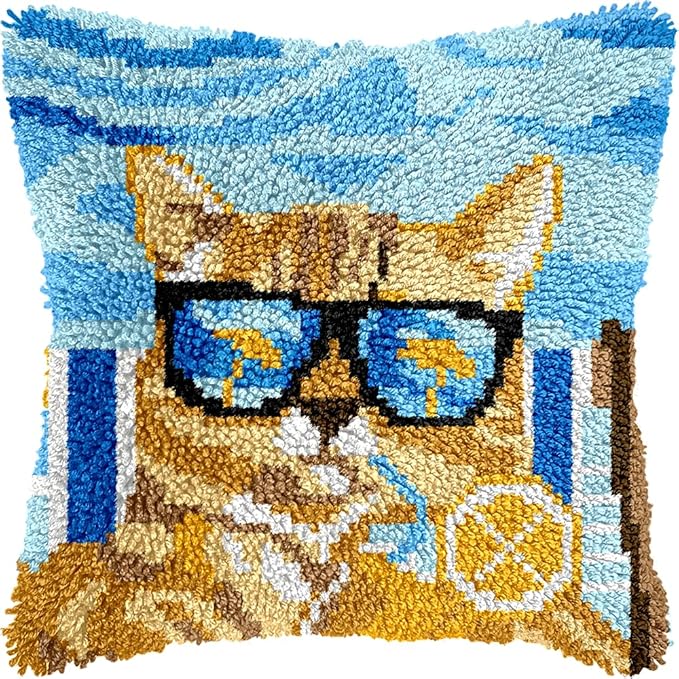 veirousa Orange Cat Latch Hook Kits for Adults, Beginners DIY Hooked Pillow Kit Pre-Printed Pillowcase Hook and Latch Rug Kits Cross-Stitch Cushion Cover for Home Sofa Decoration 17x17 inch