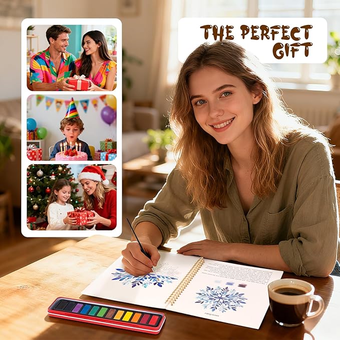 Christmas Watercolor Workbook for Adults, Beginner Friendly Watercolor Painting Kit Winter Water Coloring Book, Nature-Themed Practice Art Gift Water Color Paint Book with Palette and Brush