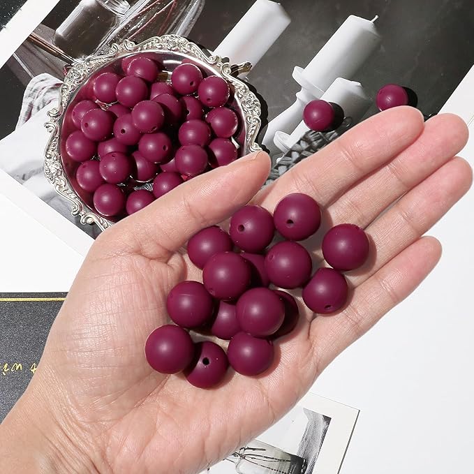 120pcs Richbunnys 15mm Bulk Silicone Beads for Pens and Keychain Making,Large Bead for Necklace and Bracelets Making,Assorted Rubber Beads Set（Wine Red）