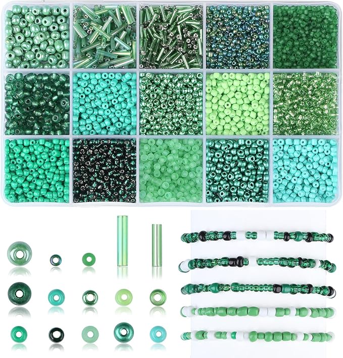 DUQGUHO Green Beads for Jewelry Making 4mm Green Glass Seed Beads Kit 15 Color 3mm 2mm Small Plastic Tube Bead for Bracelets Craft DIY St. Patrick's Day Bead
