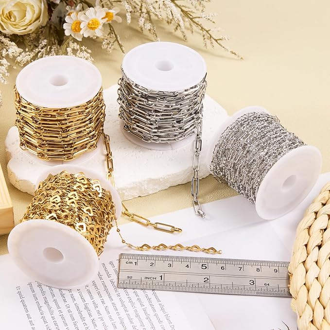 SMYHTGLIF 5 Meters Flat Heart Chain Bulk for Jewelry Making Stainless Steel Chain Bulk Roll with Lobster Clasps and Jump Rings