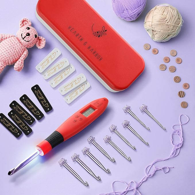 Hearth & Harbor Light Up Crochet Hook Set with Case, Counting Crochet Hook Set Digital for Stitch and Row Counter, Lighted Crochet Hook Set with 9 Interchangeable Crochet Hooks