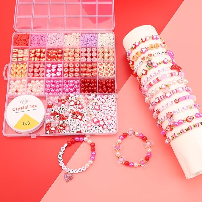 HSONAIGEE Valentine Beads Bracelet Making Kit, Assorted Valentine's Day Bead Pink Beads Polymer Clay Bead Heart Bead Charms for Jewelry Necklace Earring Making DIY Crafts