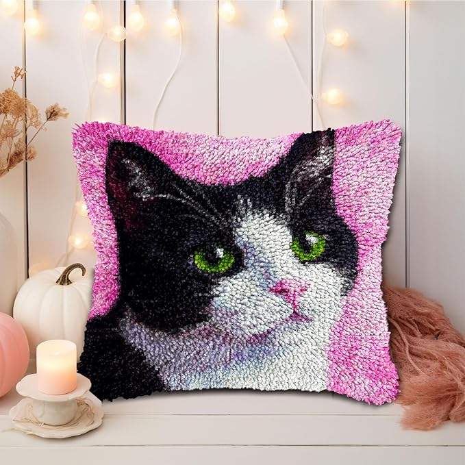 DIY Latch Hook Pillow Kits Black and White Cat with Green Eyes Printed Pillowcase Crochet Yarns Hooking Handmade Pillow Cover Cushion for Home Sofa Decoration 17x17inch-1