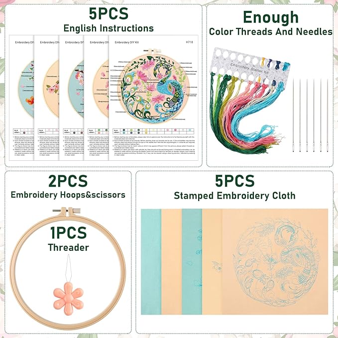 Yinder 5 Sets Floral Embroidery Kit for Beginners Adults Flower Embroidery Starter Cross Stitch Kits with Flower Stamped Patterns and Instructions Include Hoop Threads Needles Fabric for Art Starter