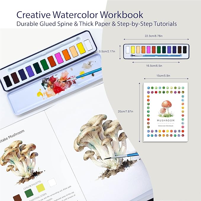 2Pcs Watercolor Workbook Creative Water Color Paint Book Set with Paints & Brush, 12 Patterns of Original DIY Designs, Beginner-Friendly Adult Coloring Books (Insect & Mushroom)