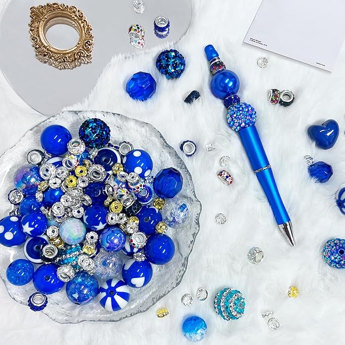 163 Pcs Pen Beads for Beadable Pens: Bubblegum Beads for Pen Making Bulk with Spacer Bead Rhinestone Bead (Royal Blue)