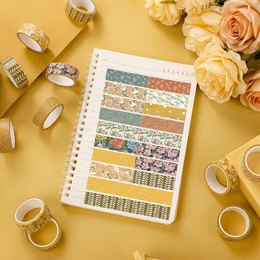 12 Rolls Watercolor Floral Washi Tape Set 15 mm Vintage Flower Decorative Masking Tape for Spring Arts DIY Craft Scrapbook Journal Supplies Gift Wrapping(Warm Tones,Botanic)