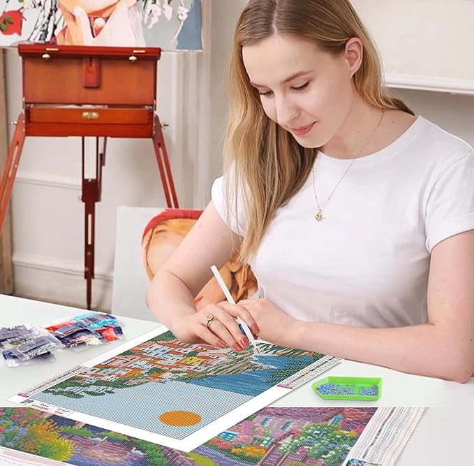 QENSPE Diamond Painting Art Kits for Adults, DIY Seaside View Full Drill Diamond Art for Beginners, 5D Colorful Houses Round Diamond Dots Paintings Gem Art Crafts for Home Wall Decor Gifts 30x40cm