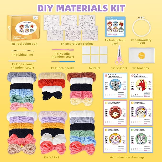 punch needle kit-6,embroidery kit for beginners,punch needle kits adults beginner,needles, curved scissors, a tool storage box, yarn, easy-to-follow instructions, and tutorial videos(6 animal coaster)