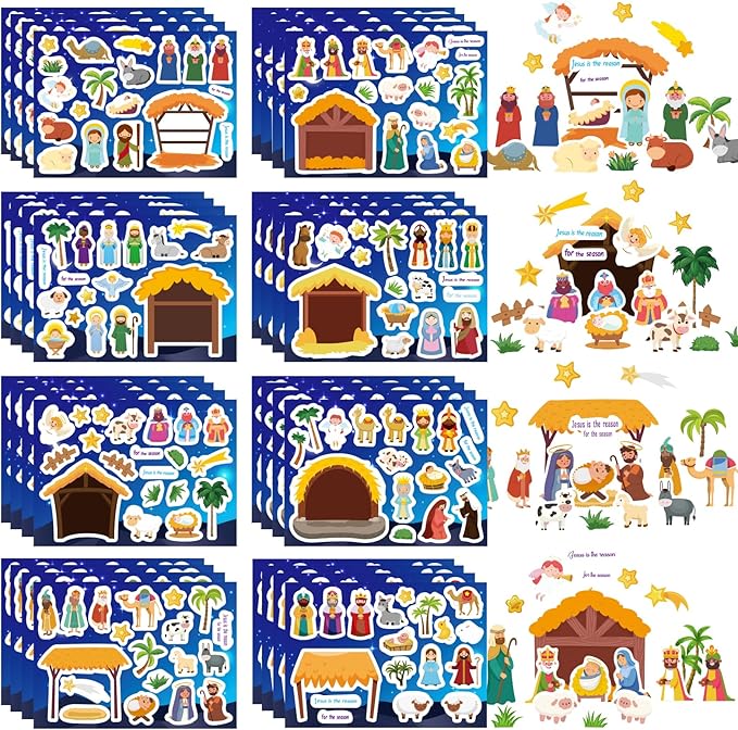 32 sheets christmas nativity stickers, make a nativity scene sticker jesus birth stickers, christmas crafts for kids, religious bible scene party favor christian craft school classroom activity