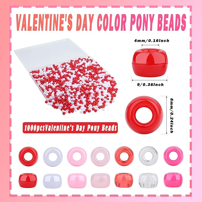 1000Pcs Valentine’s Day Beads Bulk 6MM Red and White Pony Beads for Crafts Hair DIY Projects Plastic Red and White Bead for Jewelry Making Party Gift Supplies