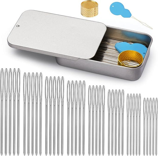 TLKKUE 100/40 Pcs Large-Eye Blunt Needles, Tapestry Needle with Needle Threader Thimble, Steel Yarn Needles for Sewing Knitting Crafting Weaving Crochet Tapestry (Silver, 8 sizes/40 pcs)