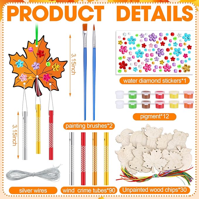 JellyArch 30 Pack Thanksgiving Wind Chime Making Kit for Adults Fall Pumpkin Leaf Animal DIY Wooden Crafts for Halloween Activity Birthday Party Decoration Gift