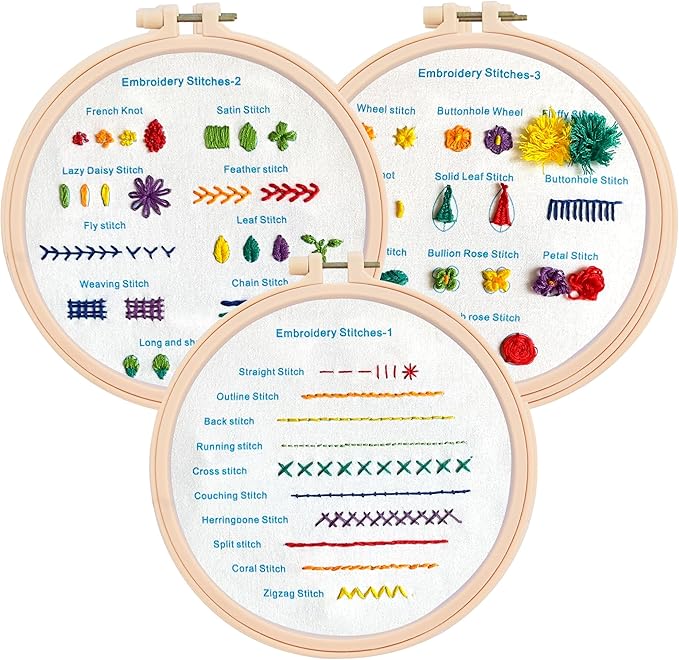 Beginner Embroidery Kit – Learn 28 Stitches – DIY Embroidery Set with 3 Hoops, Stamped Patterns, Needles, Scissors, Thread – Complete Cross Stitch Kit for Adults, Teens, Beginners & Crafters
