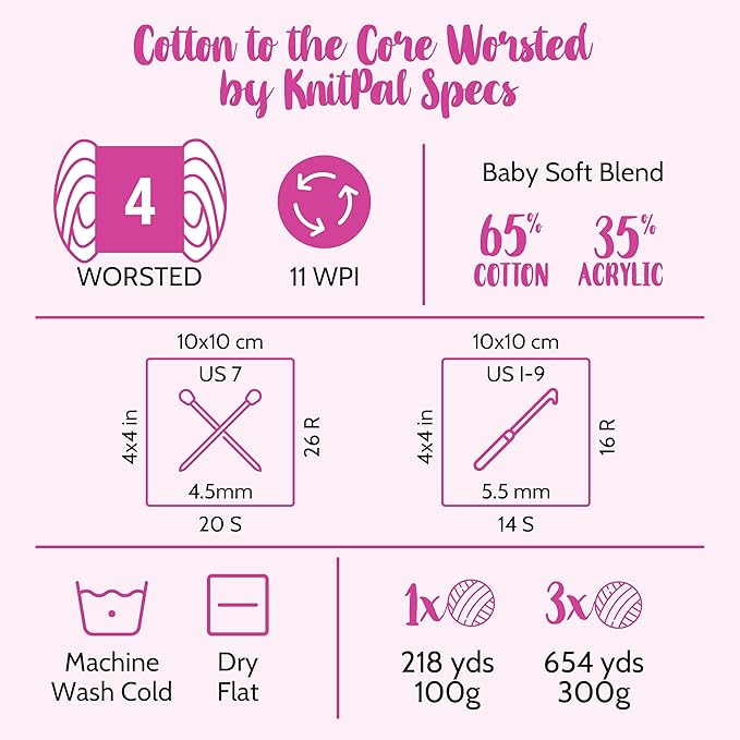 Cotton to The Core Worsted Weight Yarn for Crocheting, 3-Pack (654Yds / 300G), Free Patterns, Beginners Friendly - Soft Cotton Yarn for Knitting - #4 Medium Worsted Weight - Baby Pink