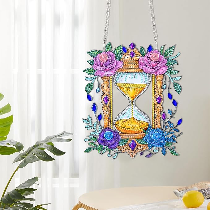 Reofrey Hanging Diamond Art Kits for Adults– 8x8 Inch Hourglass Acrylic Board Double Sided Pattern Diamond Painting Suncatcher Pendant, DIY Crystal Art for Home Wall or Window Decoration Handmade Gift