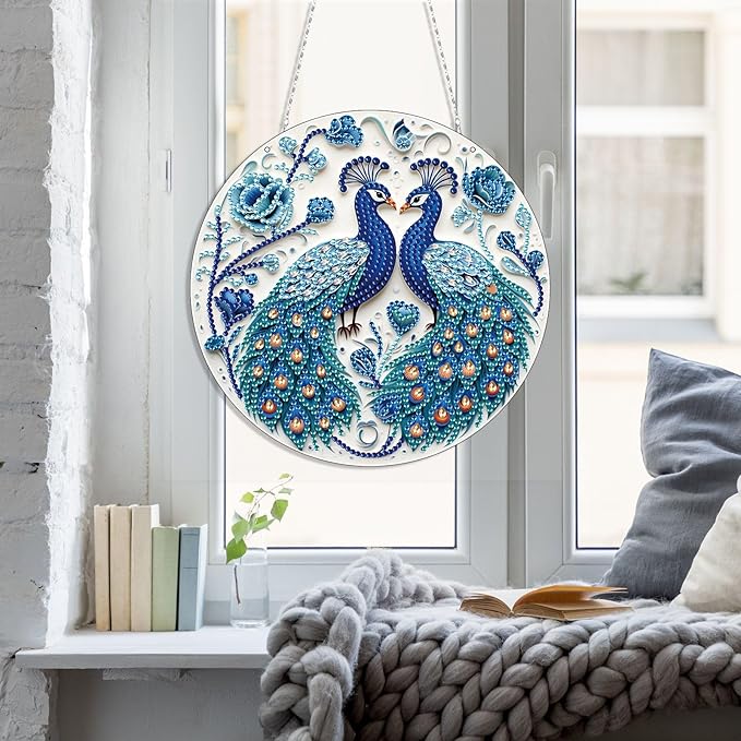 Generic DIY Hanging Diamond Pendant Special Shaped Crystal Diamond Art Painting Ornament Single Sided for Window Home Garden Wall Door Decor-Peafowl