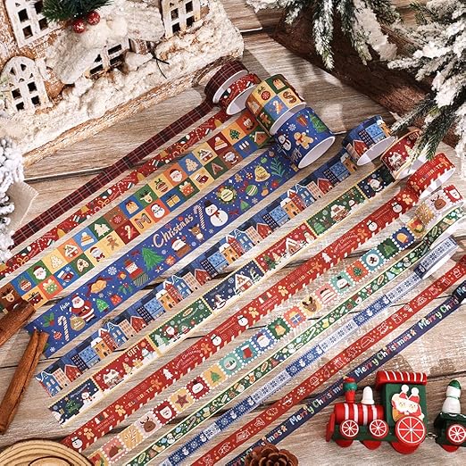 Christmas Theme Washi Tape Set, 12 Rolls Christmas Washi Tape Writable Decorative Tapes for Scrapbooking, Junk Journal Supplies, Bullet Journaling, 0.6"x79" per Roll