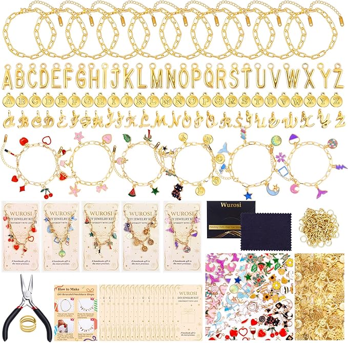 Wurosi 413 Pieces Gold Paperclip Charm Bracelet Making Kit, Including Paperclip Chain Bracelets, Charms, Jump Rings, Gift Bags, Pliers for Crafts Beginner Supplies Gift
