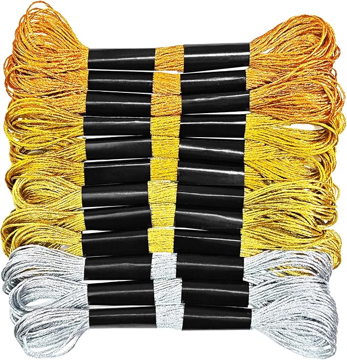 12 Skeins Metallic Embroidery Floss, Gold and Silver Embroidery Thread, Multi-Purpose Cross Stitch Thread for Hand Crafts Art Supplies（8 m 12 Strands）