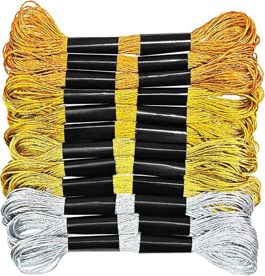 12 Skeins Metallic Embroidery Floss, Gold and Silver Embroidery Thread, Multi-Purpose Cross Stitch Thread for Hand Crafts Art Supplies（8 m 12 Strands）