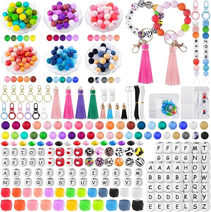 tohongadon 392 pcs silicone beads for keychain making kit, silicone letter beads, 12mm15mm round 14mm17mm polygonal 12mm lentil beads bulk, rubber bead for keychain bracelet jewelry making supplies