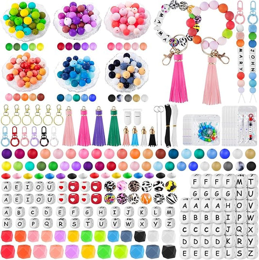 tohongadon 392 pcs silicone beads for keychain making kit, silicone letter beads, 12mm15mm round 14mm17mm polygonal 12mm lentil beads bulk, rubber bead for keychain bracelet jewelry making supplies