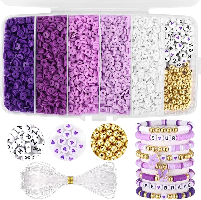 Purple Clay Beads, Purple Beads for Jewelry Making, 5000Pcs Heishi Beads for Friendship Bracelets Making Kit with Charms Letter Gold Beads, Party Birthday DIY Crafts for Women(6mm, 5 Colors)