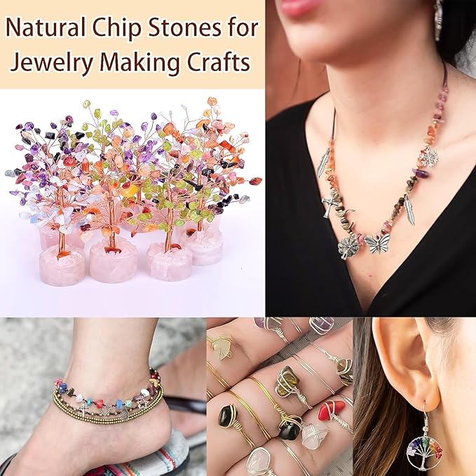 Natural Chip Stones for Bracelet - 400pcs 5mm to 8mm Gemstones Healing Loose Rocks Bead Hole Drilled DIY with 30pcs Silver Charms for Bracelet Necklace Earrings Jewelry Making Craft