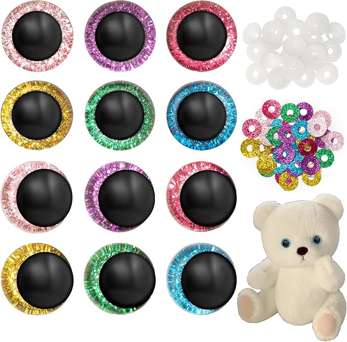 MAOQIAN 96pcs Safety Eyes for Amigurumi, 6 Colors 18mm Large Glitter Safety Eyes with Washers for Crocheting, DIY Crafts, Stuffed Animals