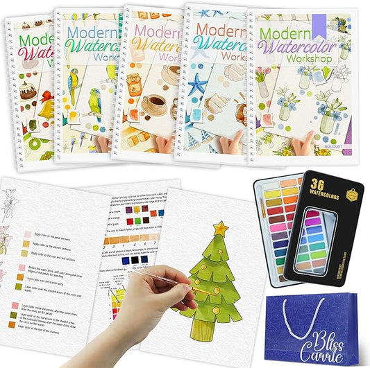 5Pcs Watercolor Workbooks, Water Coloring Book with 60 Patterns, Beginner-Friendly Watercolor Workbooks for Beginners with 36 Paint Colors, Water Coloring Book for Adult - Relieving Gift