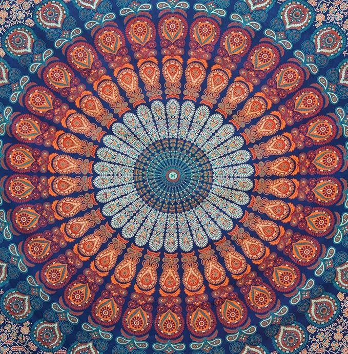 bless international handmade indian hippie bohemian psychedelic peacock mandala wall hanging college dorm beach throws table cloth bedding tapestry (golden blue, queen(84x90inches)(215x230cms))