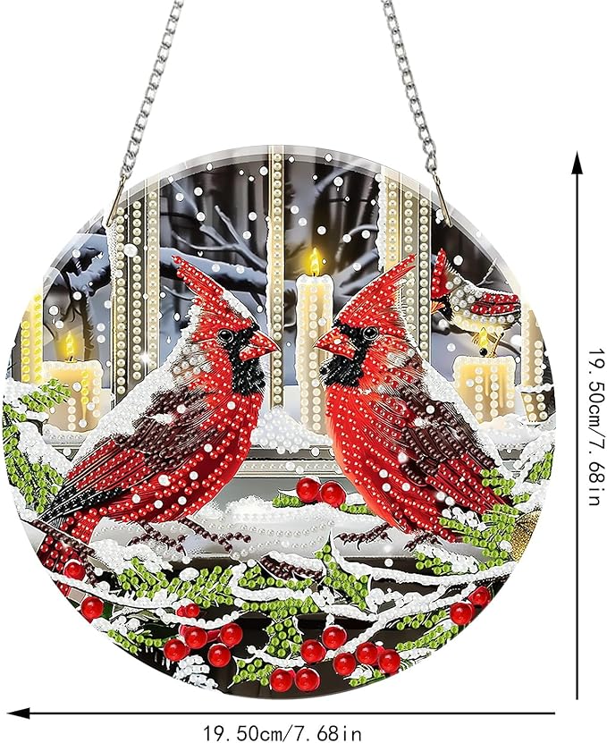 SENQAO Christmas Diamond Art Hanging Kits for Adults, Cardinal Diamond Art Suncatchers, 5D Special Shape Diamond Painting Pendant Window Ornament Gifts for Home Door Wall Decor