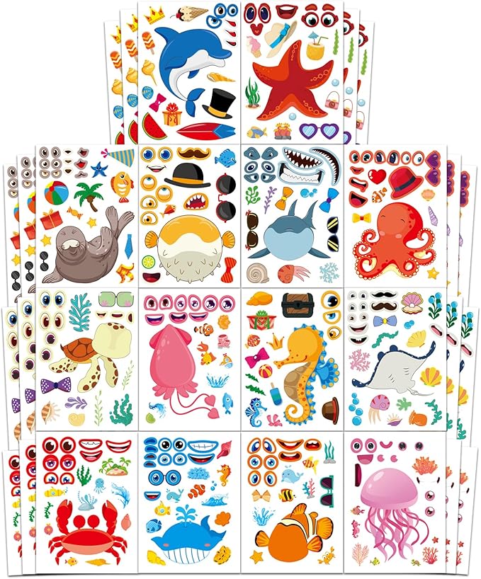 aowplc 42 pcs ocean animals make-a-face sticker sheets for kids - 14 sea creature designs for party favors, classroom activities, arts & crafts