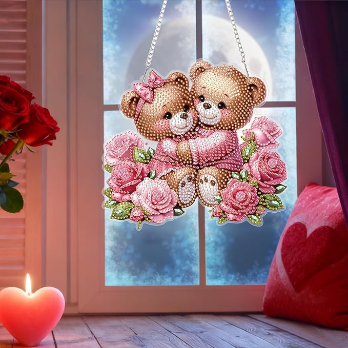 Bowetile Valentine's Day Diamond Art Hanging Kits for Adults, Diamond Art Suncatchers Couple Bear, 5D Special Shape Diamond Painting Flowers Pendant Window Ornament Gifts for Home Door Wall Decor