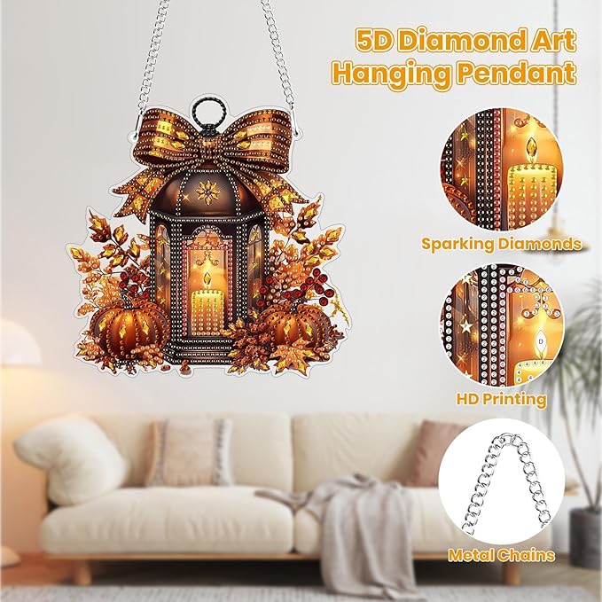 MOGTAA Fall Pumpkin Diamond Art Hanging Pendant Kits, Halloween Diamond Art Kits for Adults, 5D Special Shape Diamond Painting Candle Gem Art for Home Garden Wall Decor