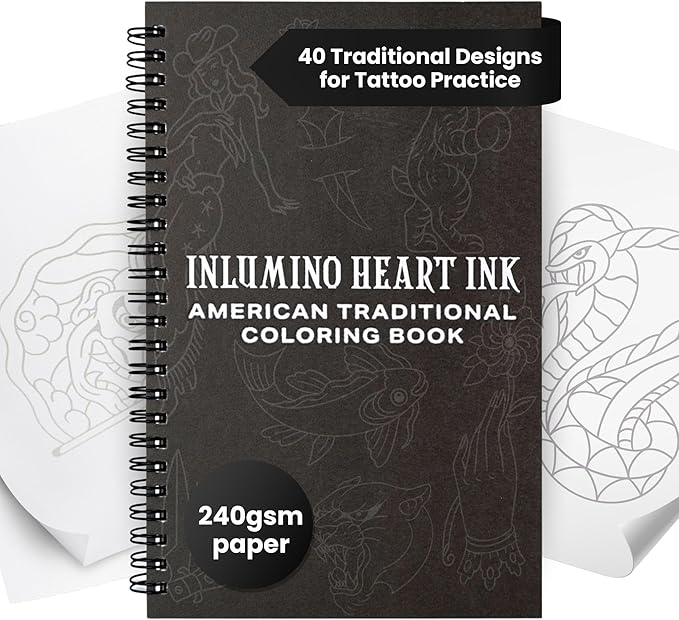 Inlumino Heart Ink Tattoo Practice Coloring Book: American Traditional – Spiral Bound Art Book with 40 Designs on 240 GSM Textured Pages – Use with Ballpoint Cartridges & Rotary Machines
